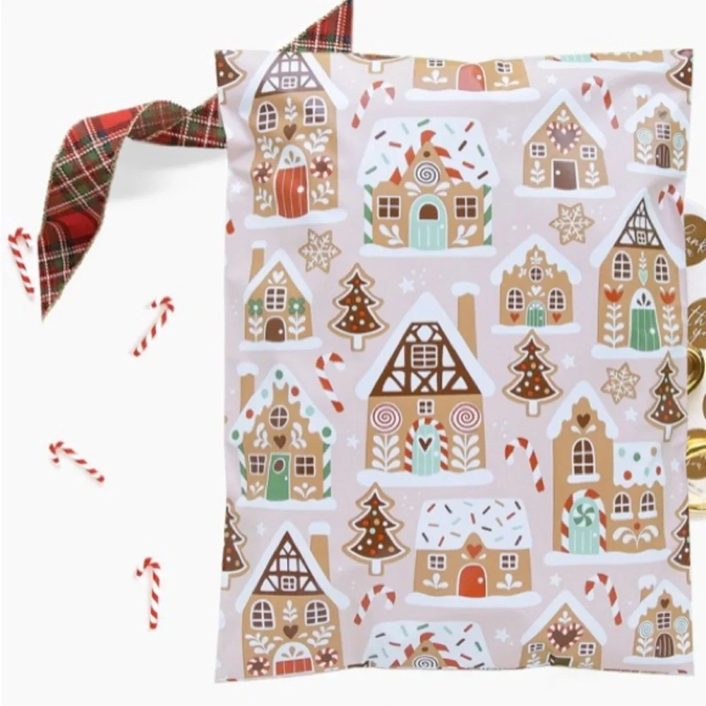 Set of 20 14x17 Gingerbread House Christmas Poly Mailers Holiday Packaging Pink